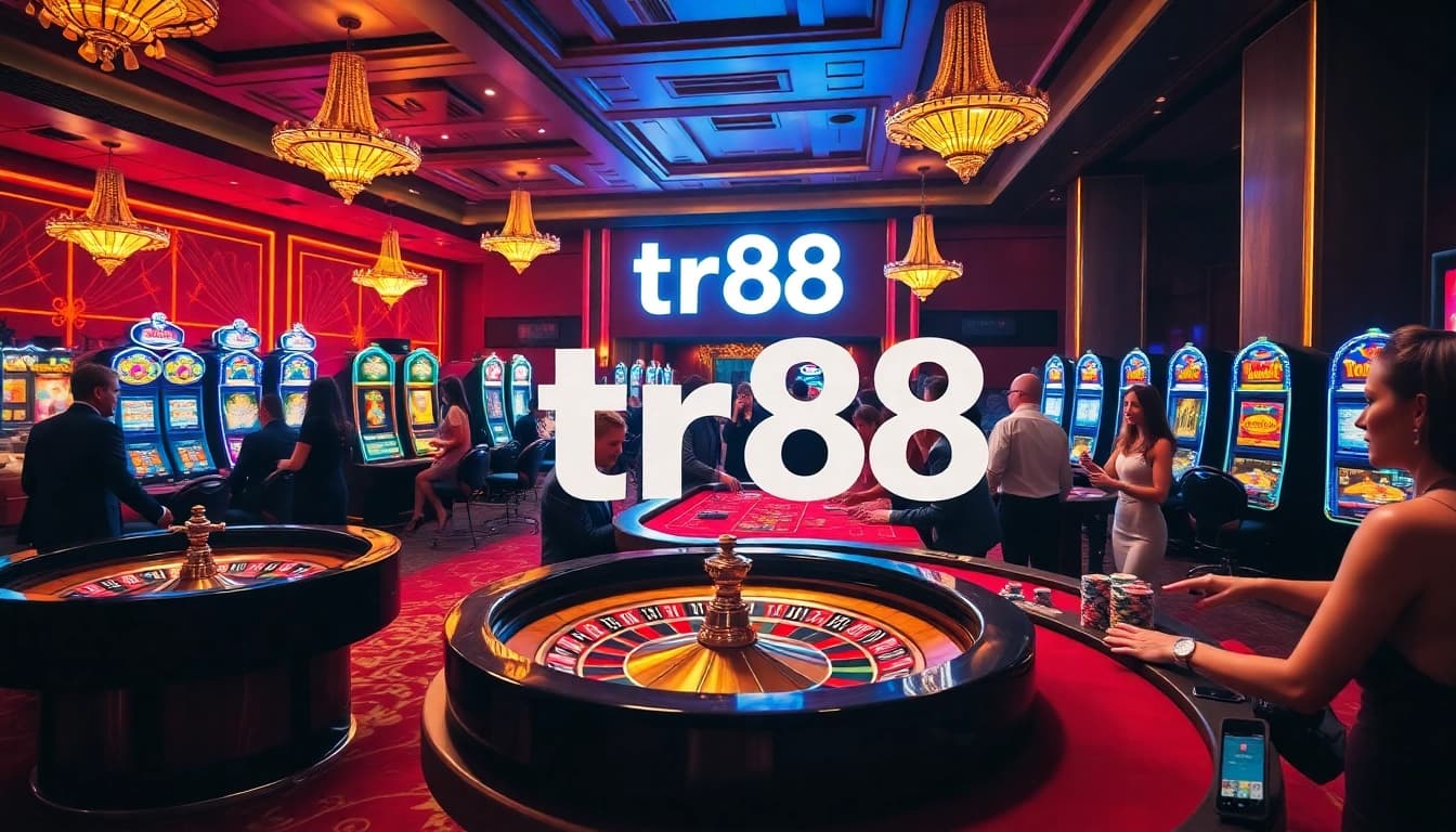 Experience the thrill of tr88 gaming at a luxurious casino with vibrant slot machines and poker tables.