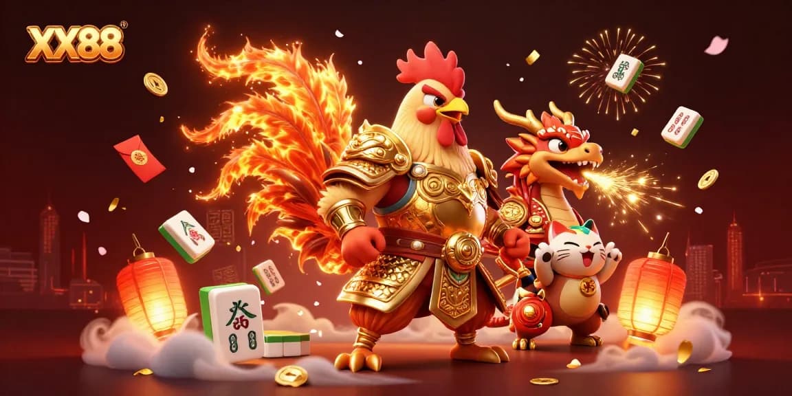 Get ready for exciting gaming moments with XX88, featuring a warrior rooster, dragon hatchling, and lots of festive elements.