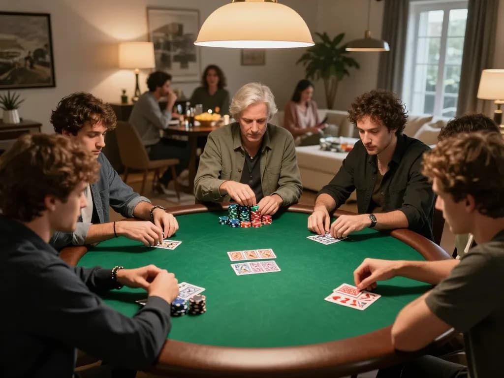 DOLA789 players enjoying a competitive poker night at home, showcasing strategy and social interaction.