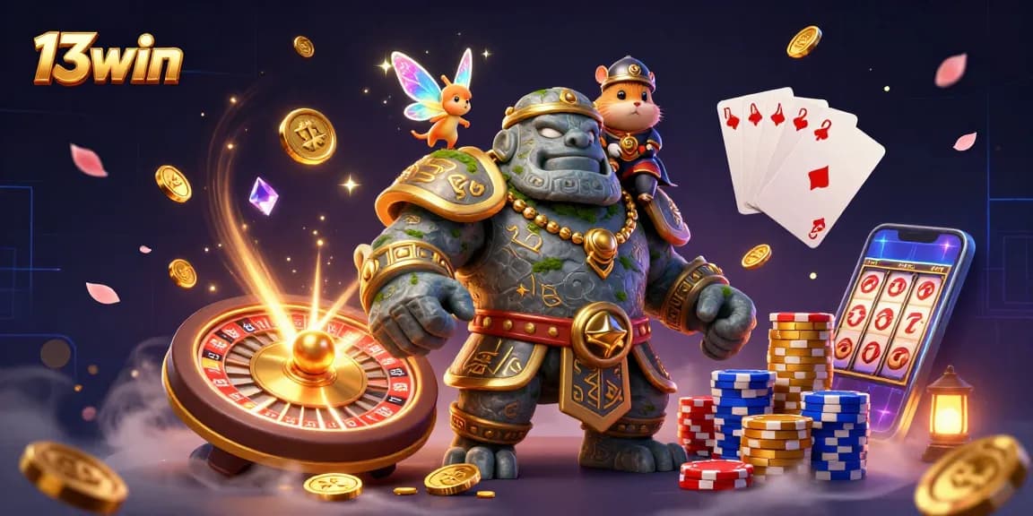 13win offers an adventurous scene with a golem guardian, fairy, and hamster knight gambling amidst colorful casino elements.