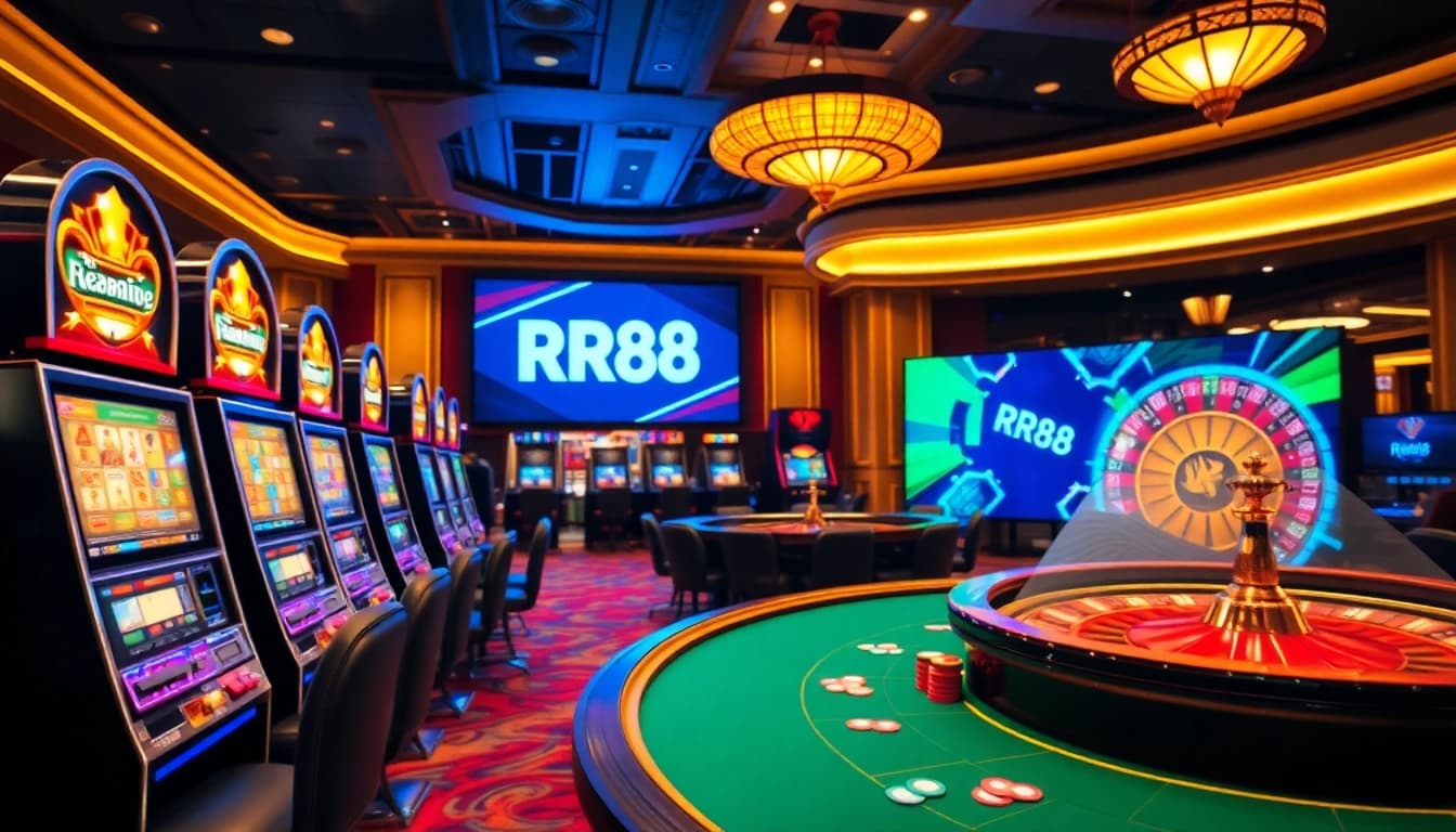 Experience RR88's gaming excitement with vibrant casino tables and thrilling roulette wheels.