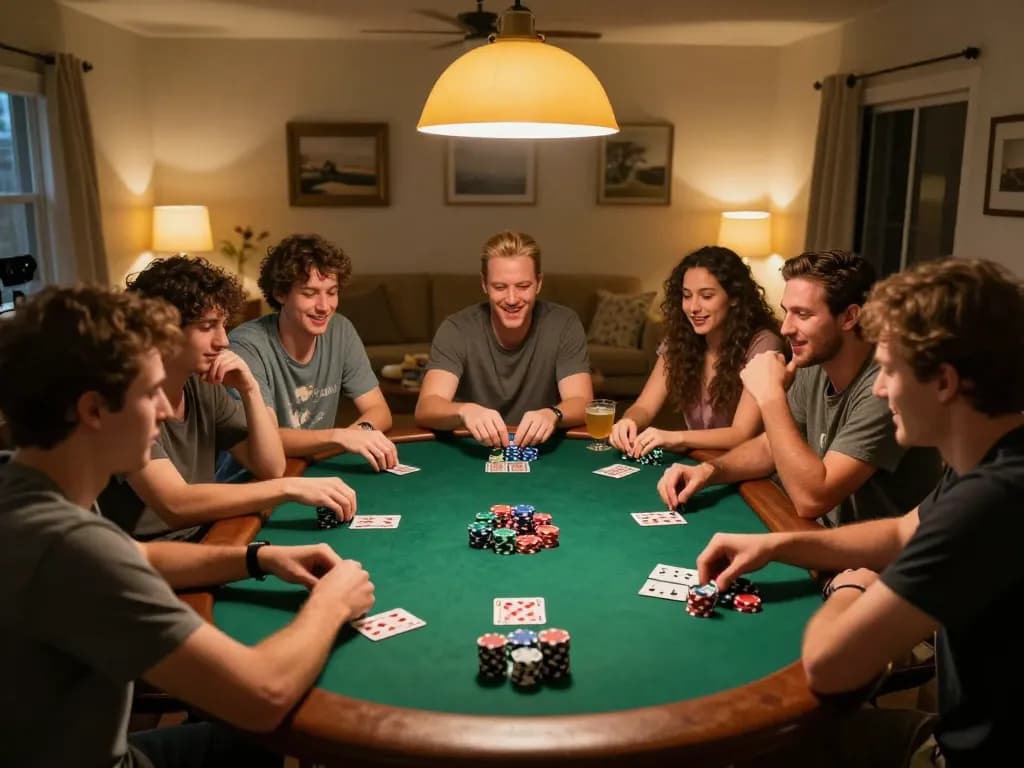 Engaged players enjoying a round of poker at home with 8EEE's gaming spirit