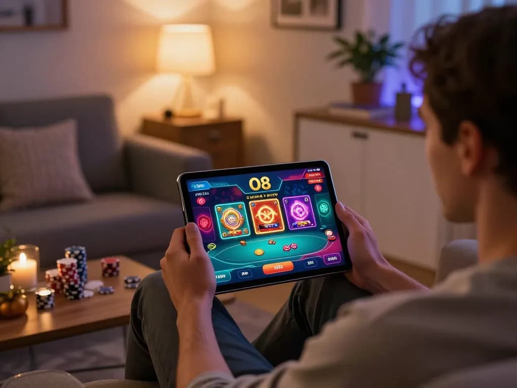 Player engaged with O8 casino app on tablet in a cozy gaming environment