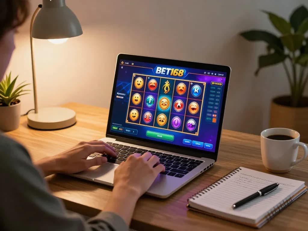 Engaged player enjoying a BET168 online casino game with strategy notes at their desk.