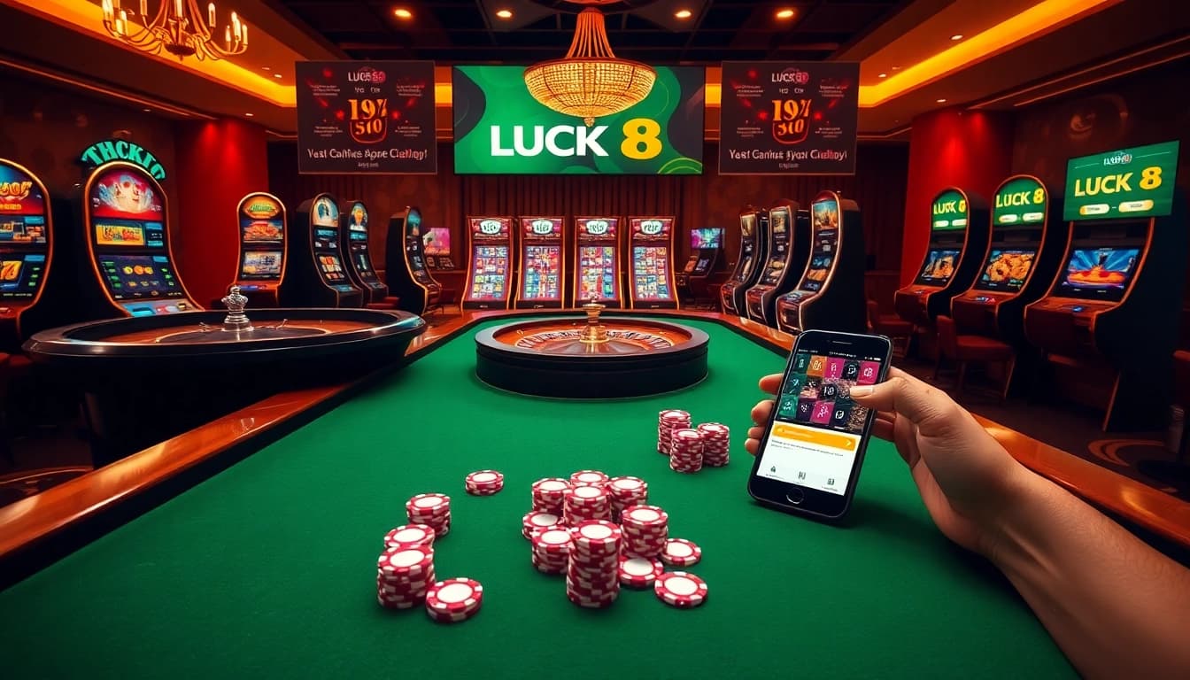 LUCK8 betting scene featuring an elegant casino layout with poker chips and a roulette wheel.