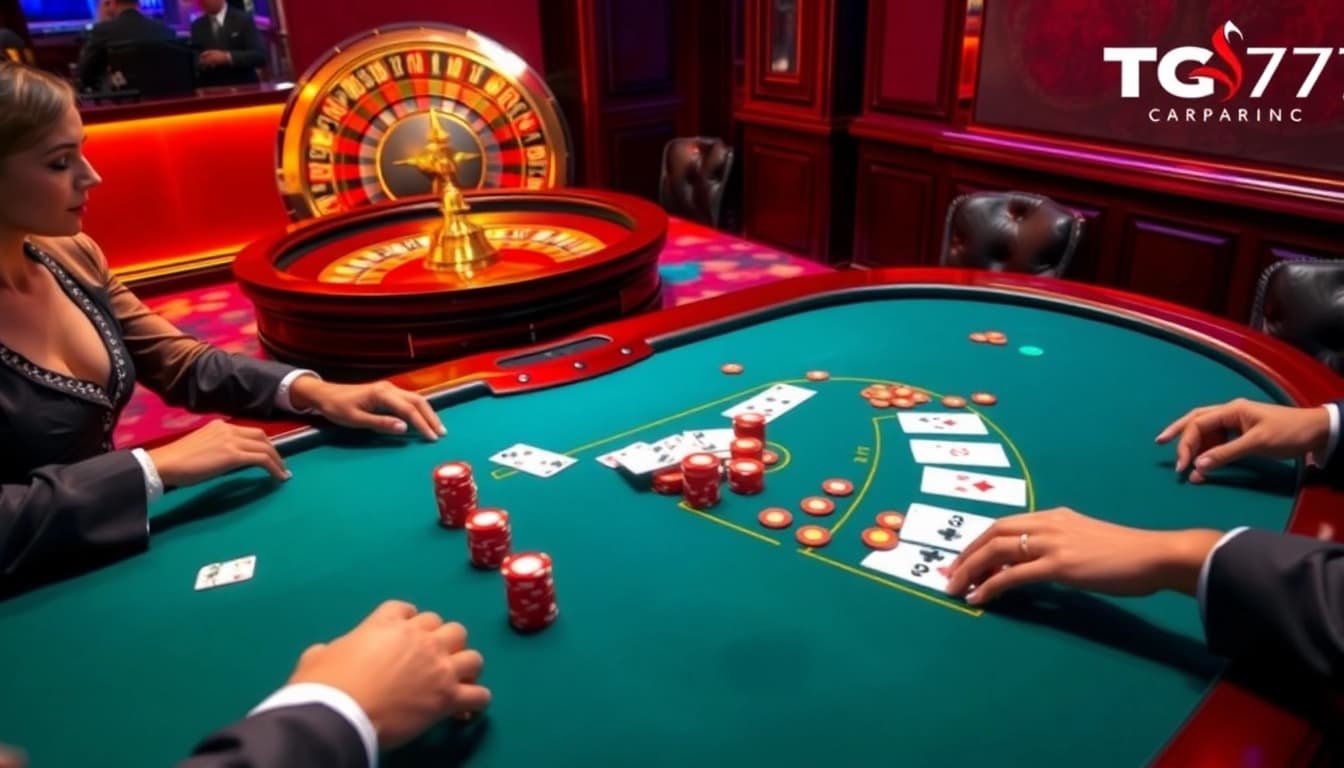 Players engaging in 3-Card Poker at TG777's luxurious casino table, showcasing expertise and excitement.