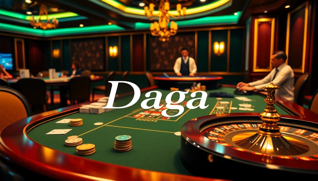 Daga poker table set with elegant chips and cards amidst a vibrant casino atmosphere.