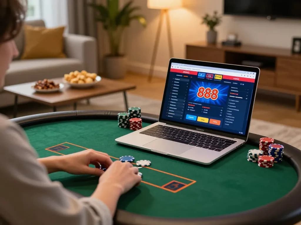 Engaging online poker gameplay at five888, showcasing a player placing virtual chips comfortably at home.