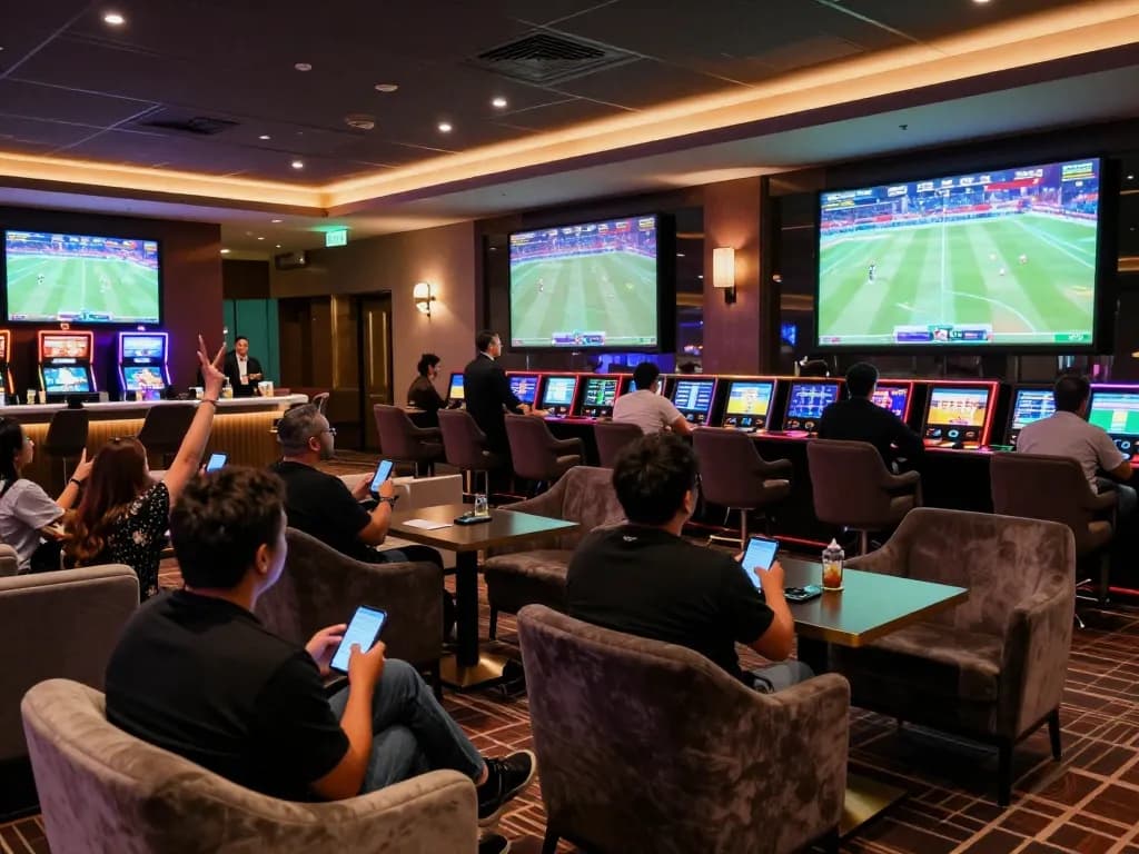 Experience thrilling sports betting at 89bet in a modern, vibrant lounge setting
