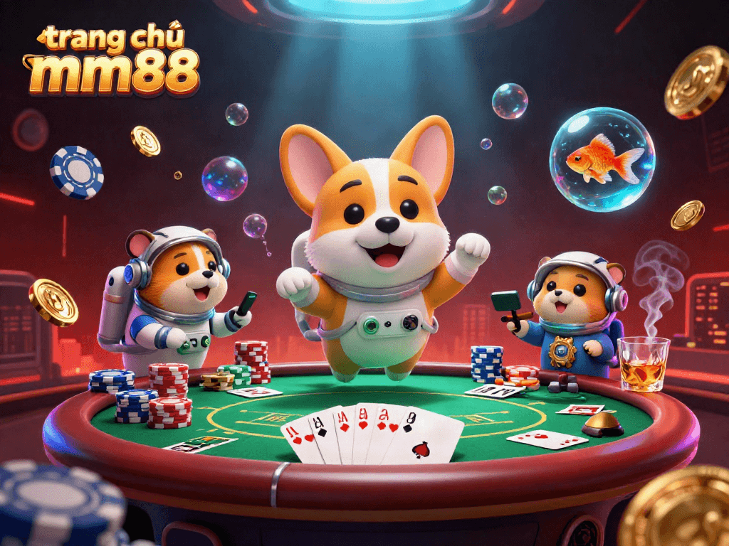 Play thrilling games at trang chủ mm88 surrounded by a 3D astronaut corgi and vibrant casino elements.