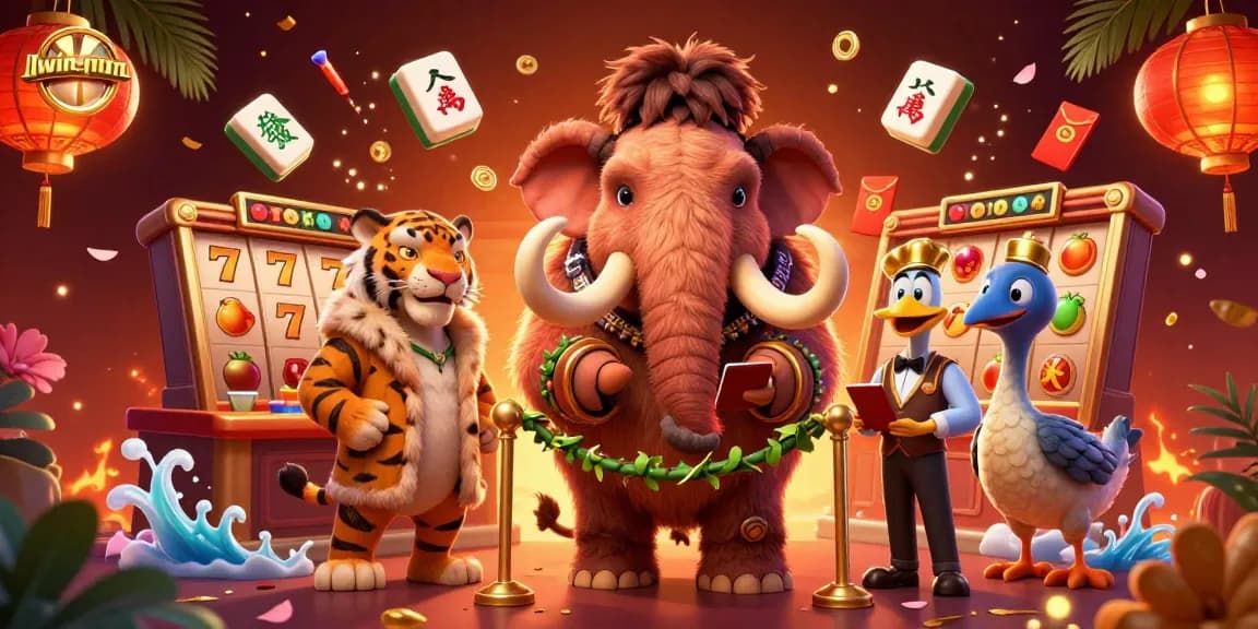 Experience thrill with llwin-game as woolly mammoth bouncer checks IDs at the vibrant casino.