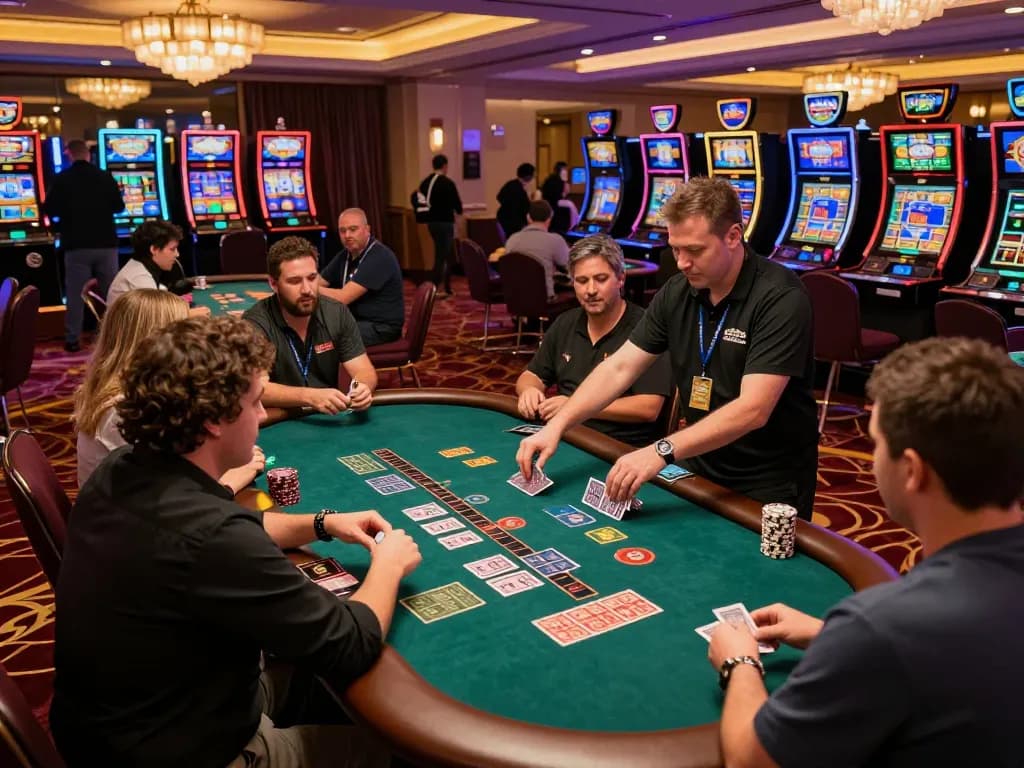 Players celebrate their wins at BL555 blackjack table amidst vibrant casino atmosphere.