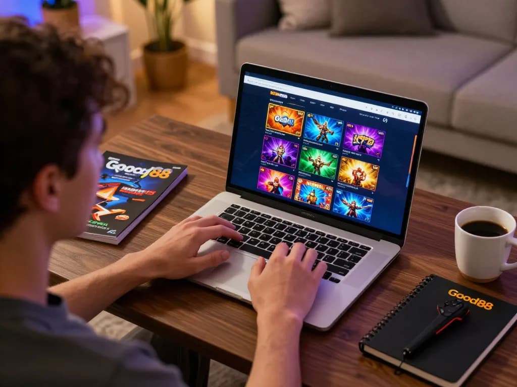 Engaging gameplay on Good88 casino platform in cozy home setting
