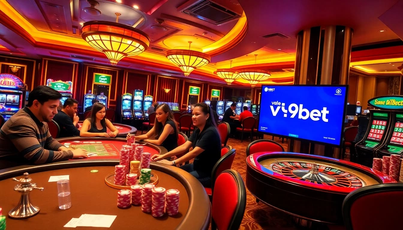 V9bet players enjoying a luxurious casino atmosphere with poker chips and slot machines.
