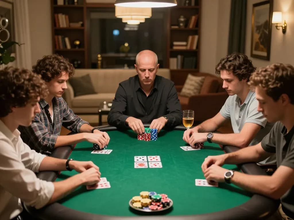 Players engage intensely in a high-stakes poker game at home with XX88 vibes and stylish ambiance