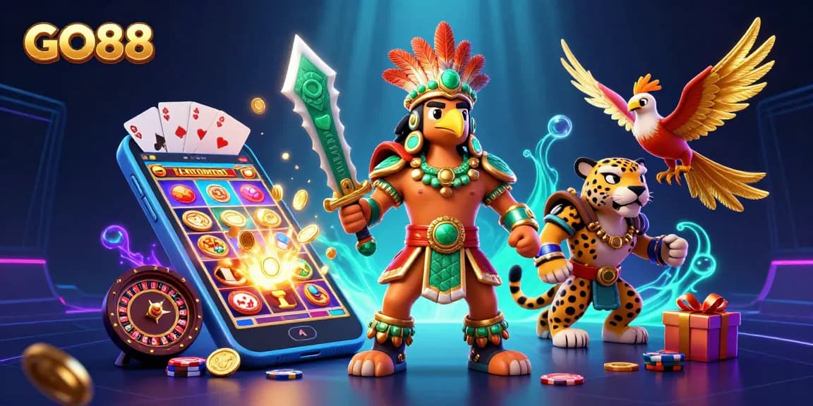 Experience thrilling GO88 gaming with Aztec warriors and immersive casino elements.