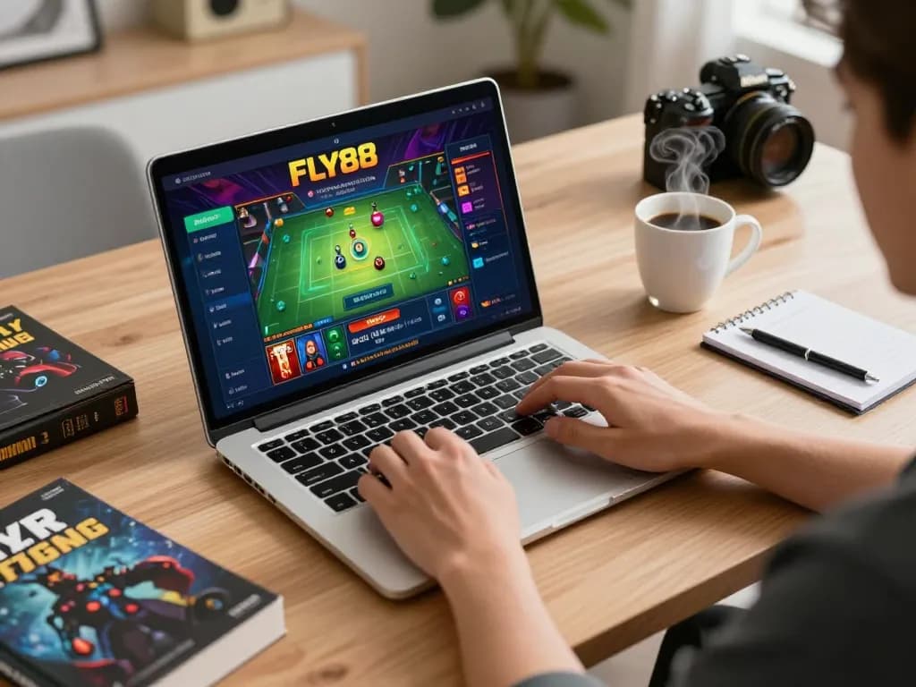 Engaging with the fly88 online gaming platform in a cozy home setup.