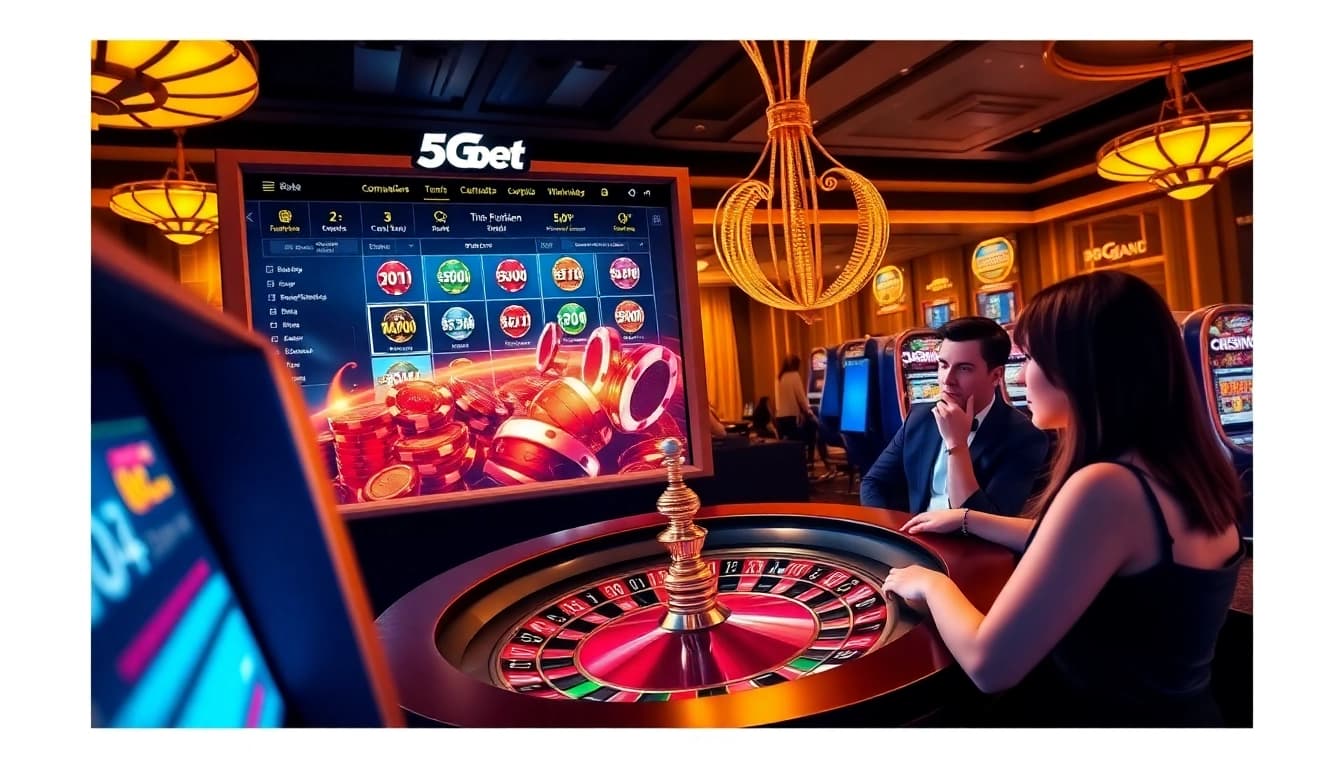 Showcasing a vibrant gambling scene at https://5gbetbr.com.br/ with a roulette wheel, poker chips, and excited players.