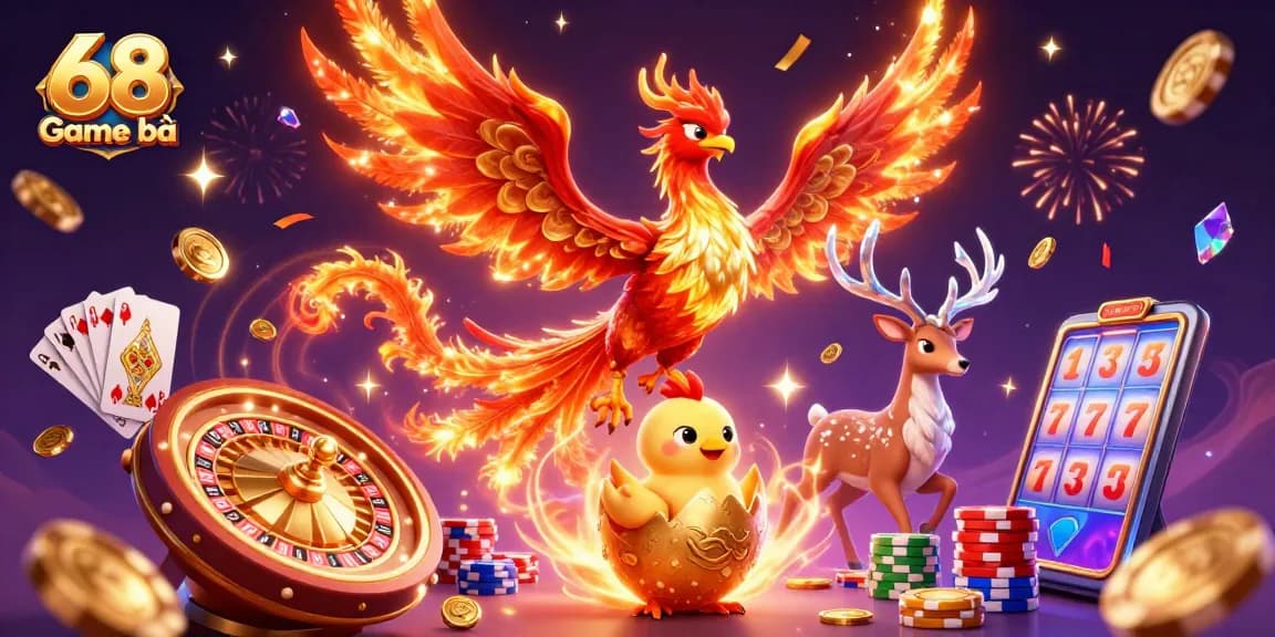 Bet on 68 Game bài with vibrant symbols of luck and winning potential in an exciting 3D scene.