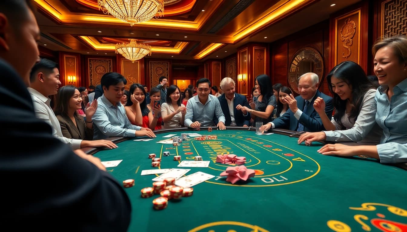 Xóc đĩa online players engaging at a luxurious casino table with dice and colorful betting chips.