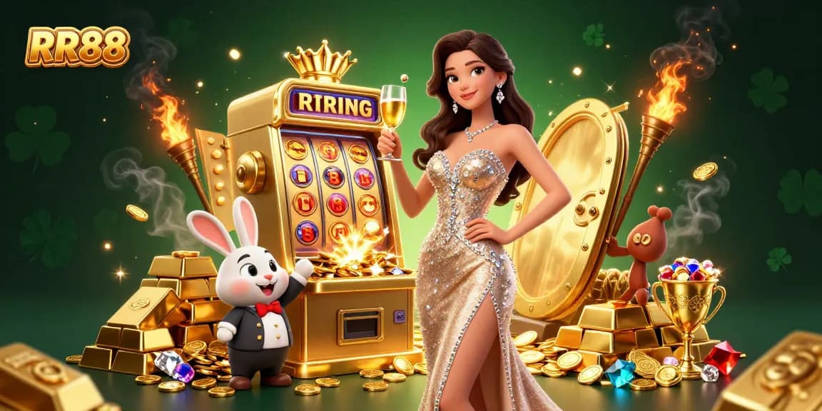 Experience the thrill of RR88 with a glamorous casino scene featuring a jackpot slot machine and sparkling gems.