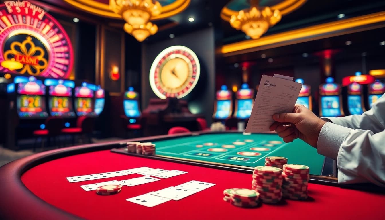 Experience the exhilarating atmosphere of tỷ lệ nhà cái at a sophisticated casino table with chips and cards.