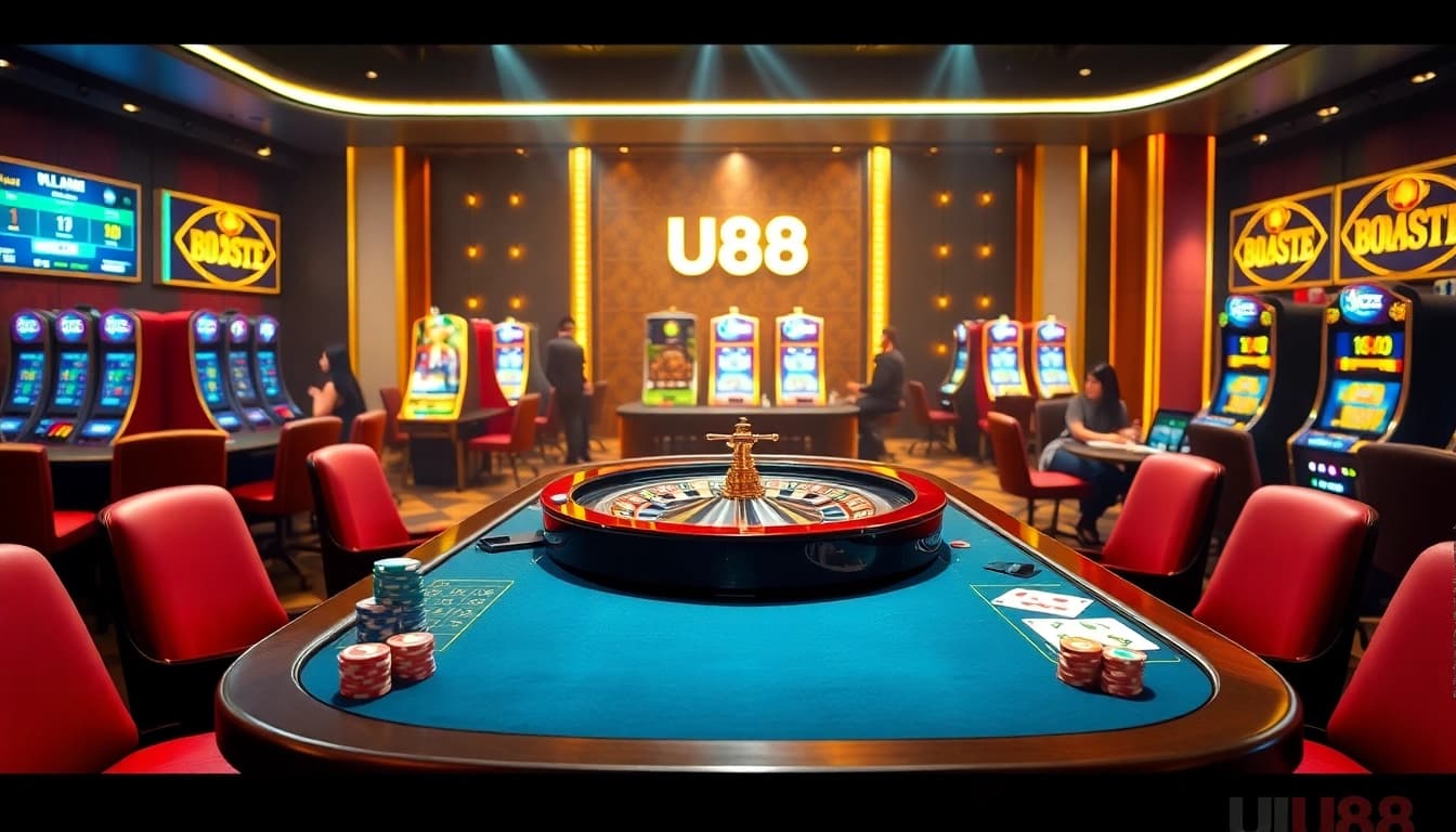 Players winning at UU88 casino games surrounded by luxury decor and vibrant gaming tables.