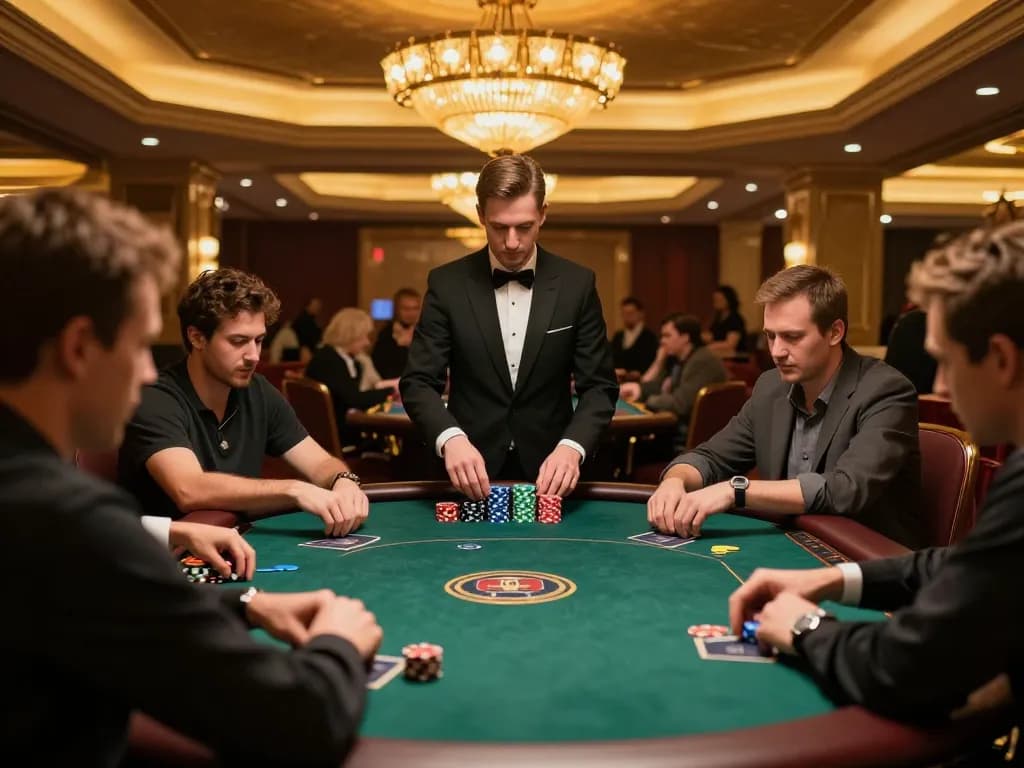 Miso88 poker game in action with players focused and chips stacked at an upscale casino table.
