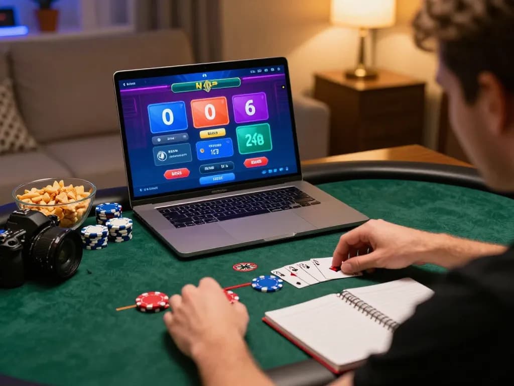 Engaging moment of a player on manclub betting with a laptop, showcasing virtual poker gameplay.