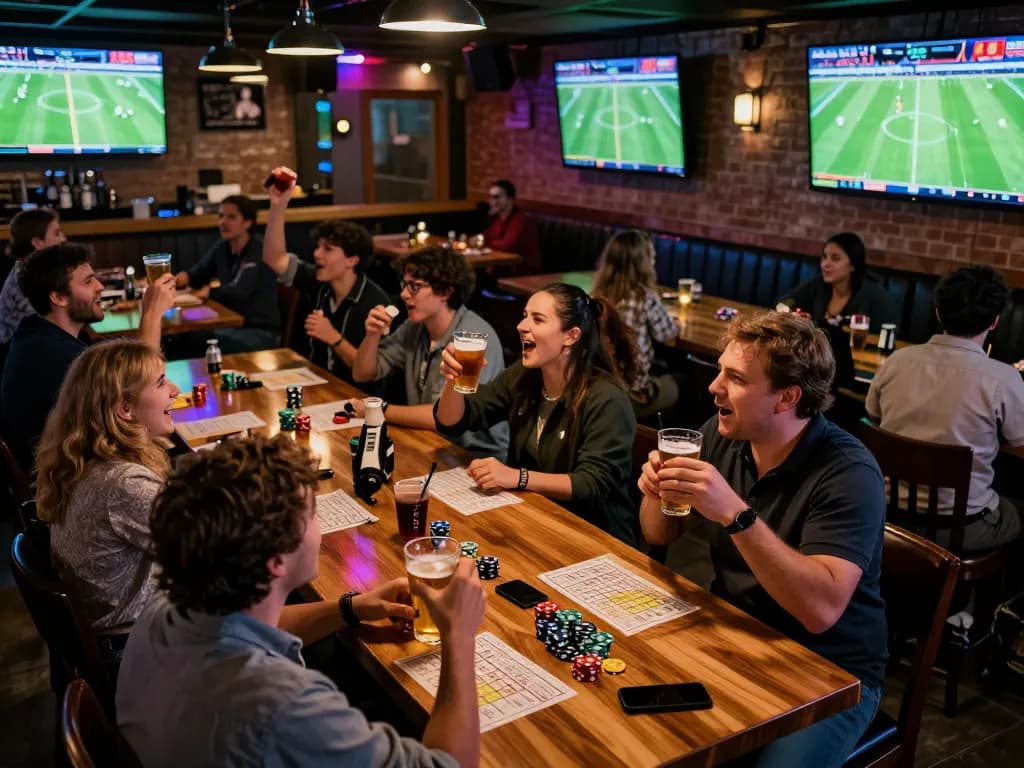 Fans celebrating kết quả bóng đá at a bustling sports bar filled with excitement and energy.