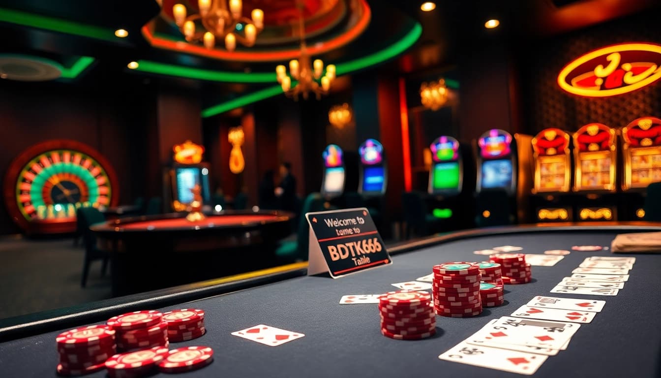 Experience the thrill of gambling at the BDTK66 poker table with vibrant chips and cards.