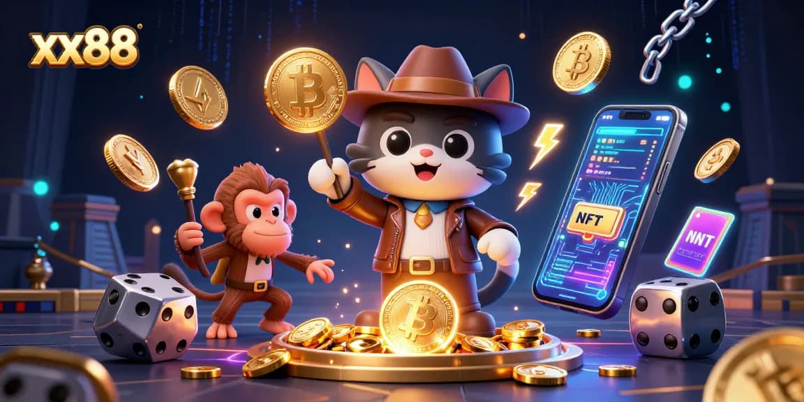 Experience thrilling gameplay with xx88, featuring a cartoon cat explorer amid casino artifacts and floating crypto elements.