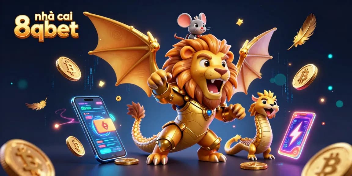 Play and win at nhà cái 8qbet, featuring a gold-armored chimera and crypto elements.