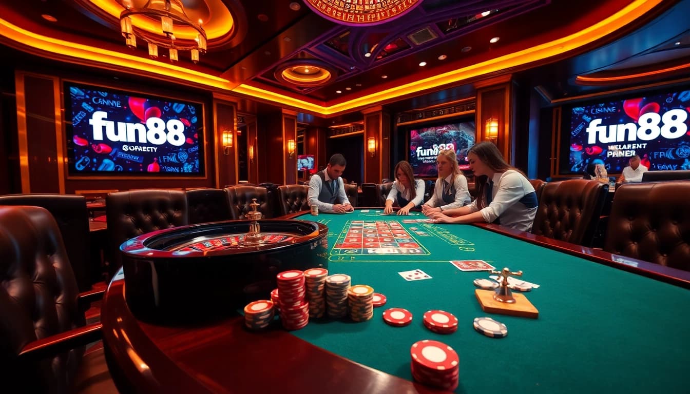 Experience gambling excitement at Fun88 with a luxurious casino setting featuring vibrant poker chips and a roulette wheel.