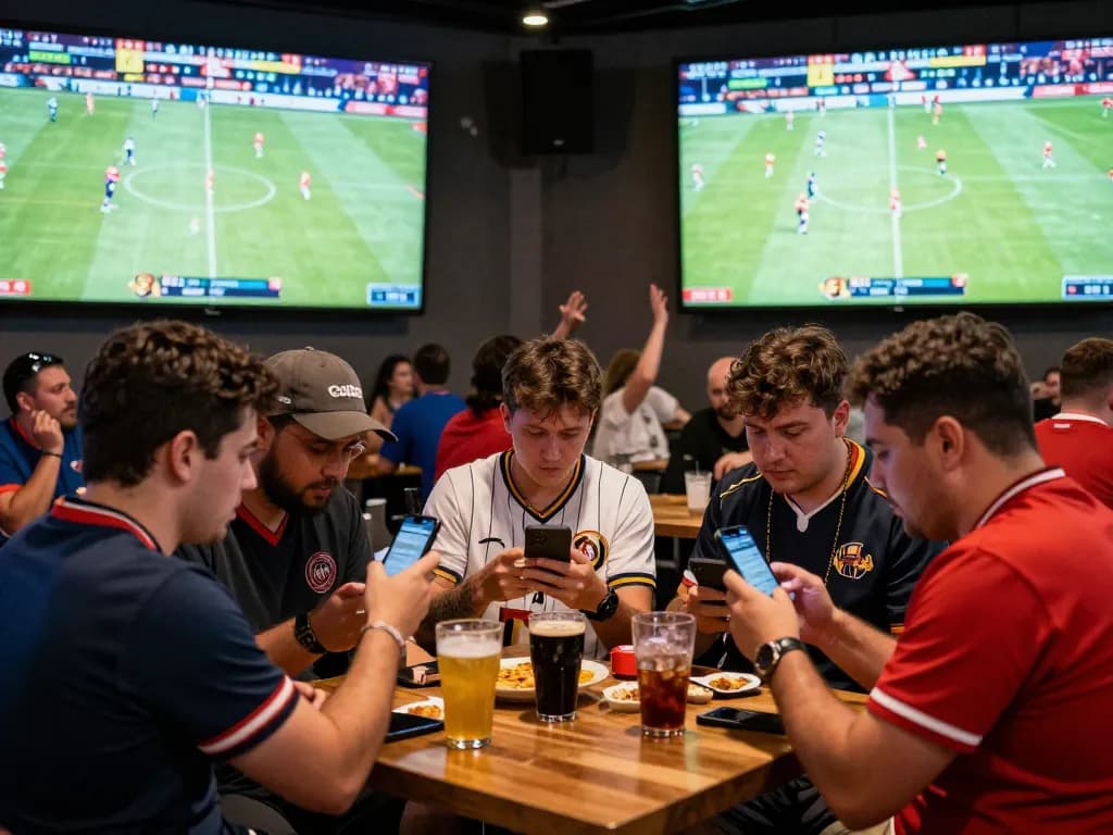 Engaged sports fans using vsbet app to place live bets while watching matches