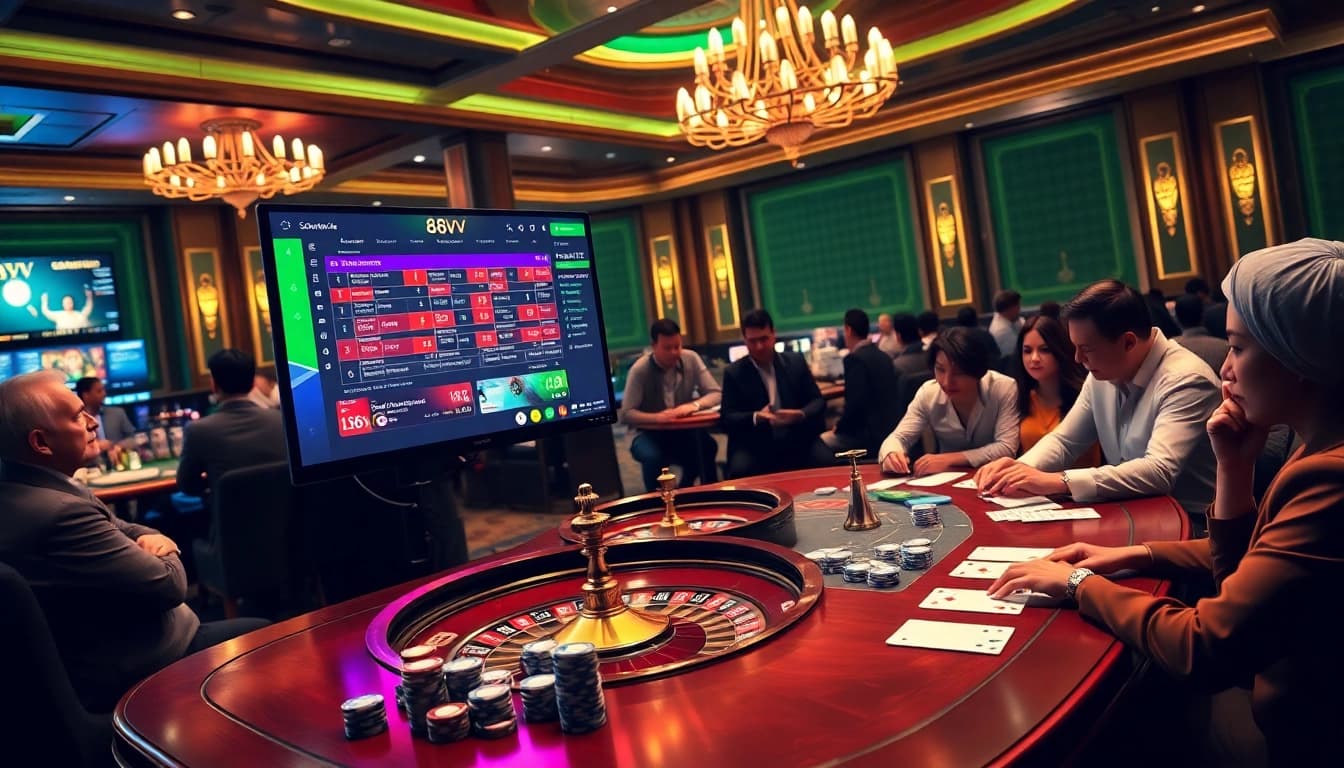 Gambling excitement at 88vv with a luxurious casino scene featuring poker chips and a roulette wheel.