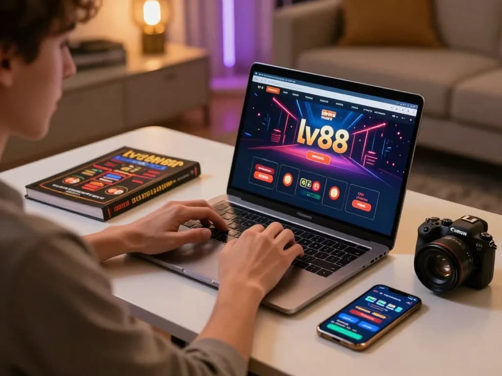 Player exploring lv88 casino games on a laptop, showcasing engaging online betting experience