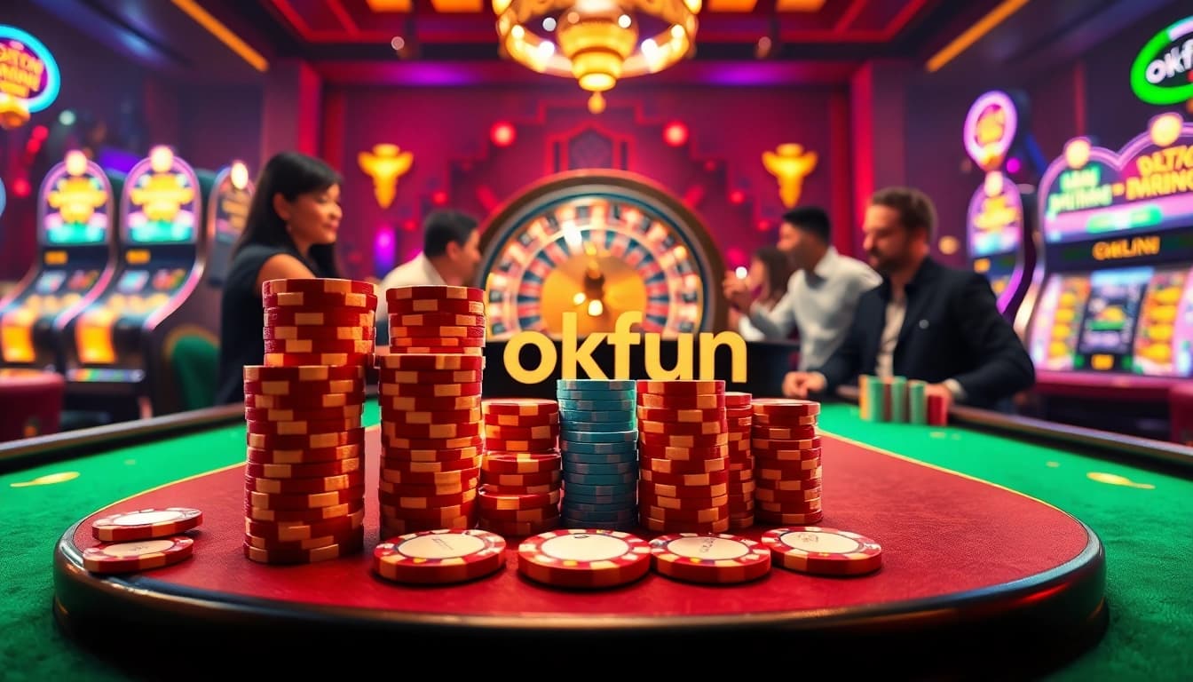 Exciting gambling action at OKFUN's luxurious casino tables with vibrant poker chips.
