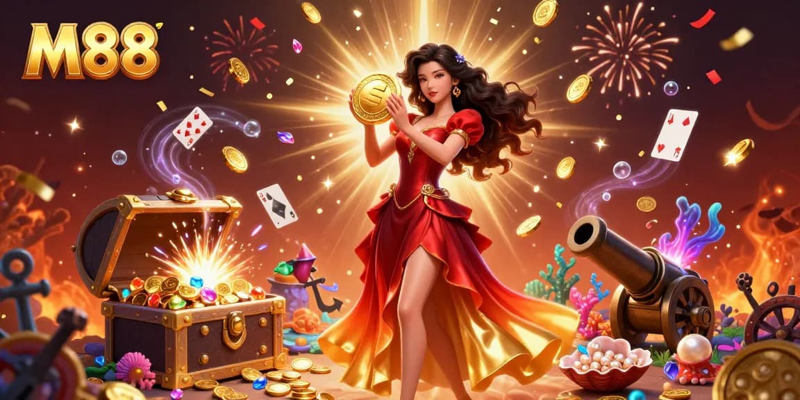 M88's vibrant casino scene showcases a glamorous Asian woman holding a golden coin, surrounded by casino-themed elements.