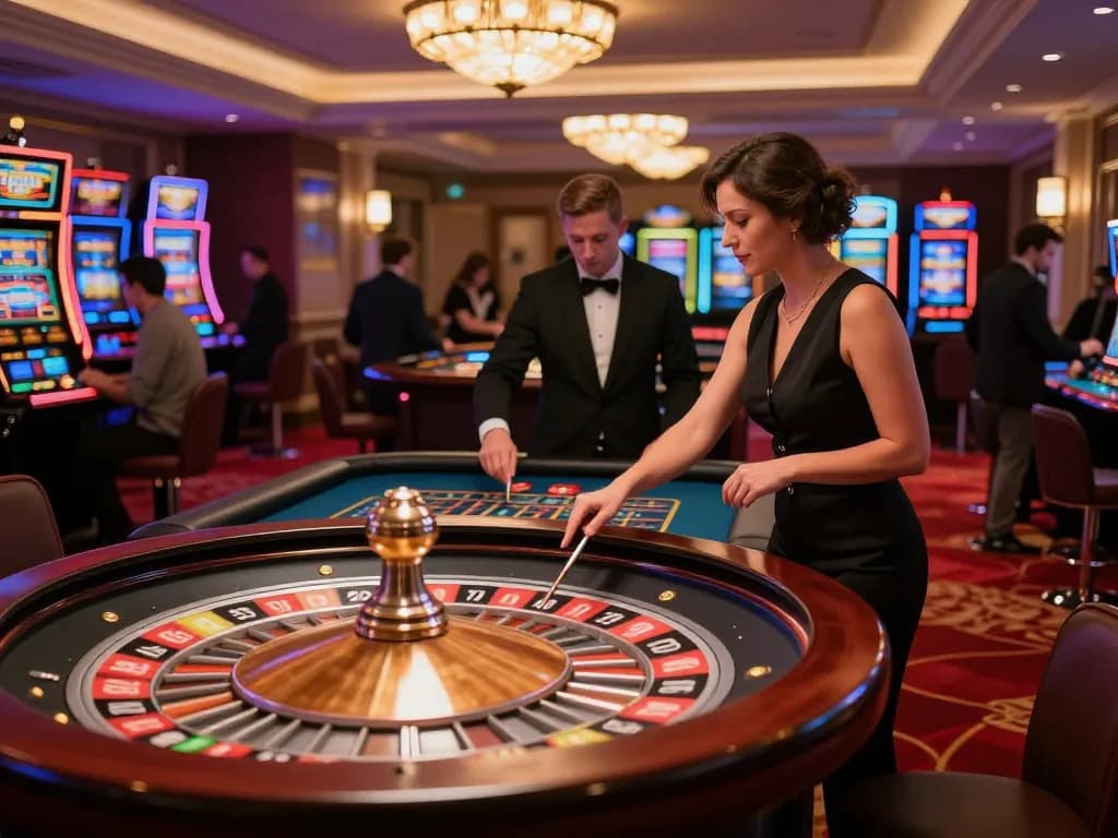 Experience the thrill of KP88 at an upscale roulette table with players and a professional croupier.
