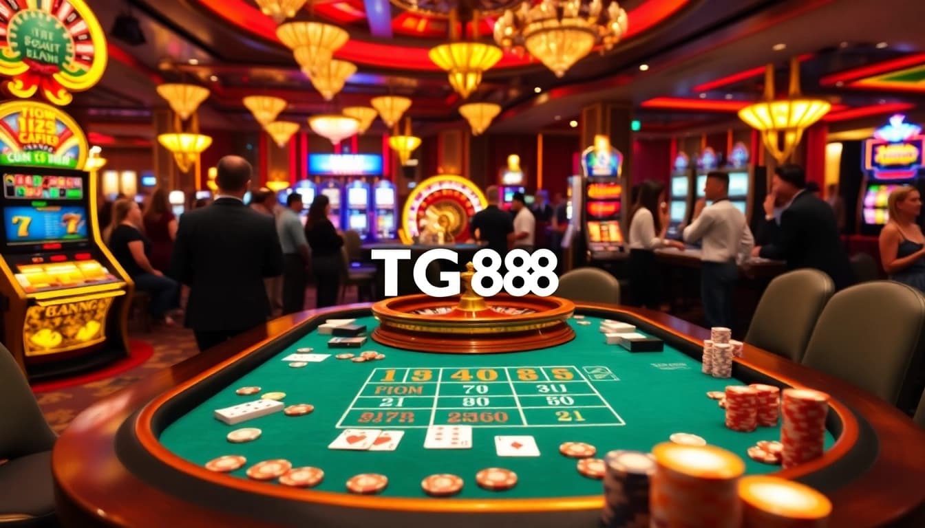 Players enjoying a strategic game at TG88's vibrant casino table showcasing cards and chips.