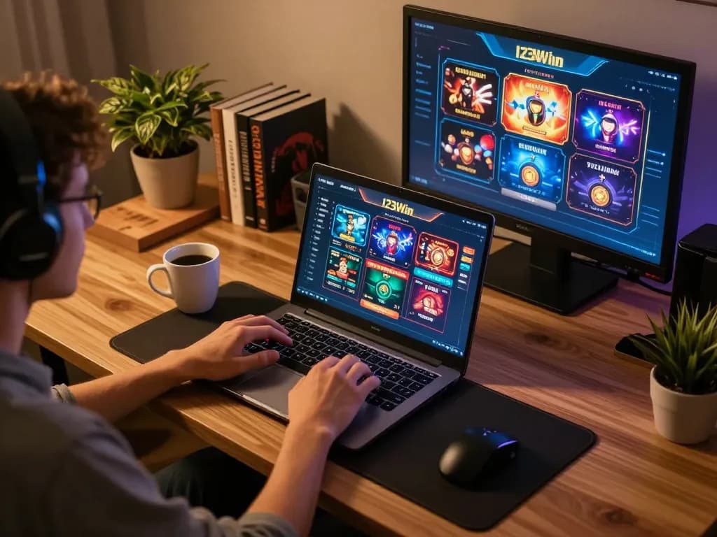 Playing 123Win on laptop at a cozy home setup, showcasing online casino features and responsible gaming.
