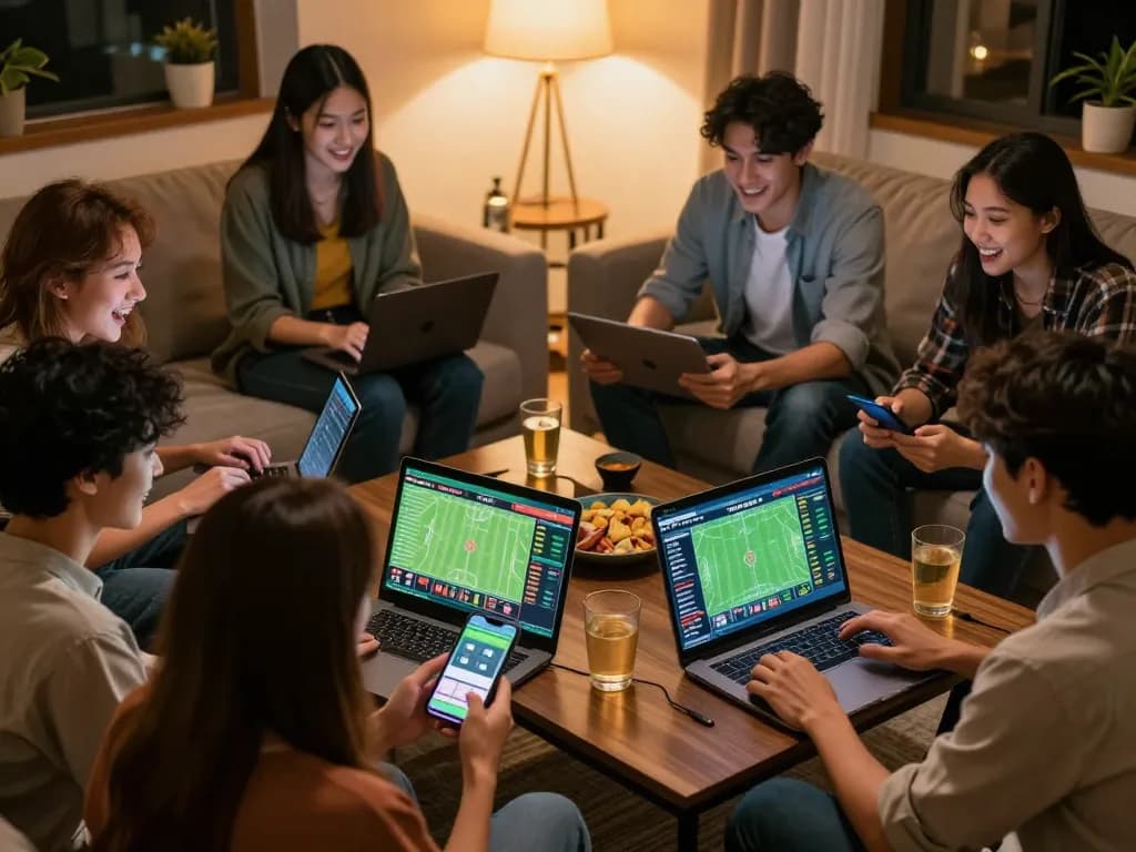 Friends engaging in sports betting using kèo nhà cái on their laptops and smartphones in a cozy setting.