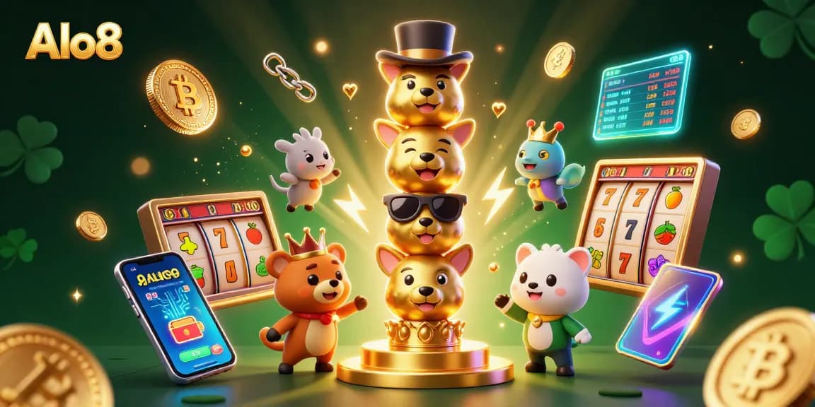 Alo8 showcases vibrant casino elements in an engaging online gambling scene featuring a colorful totem pole and cryptocurrencies.