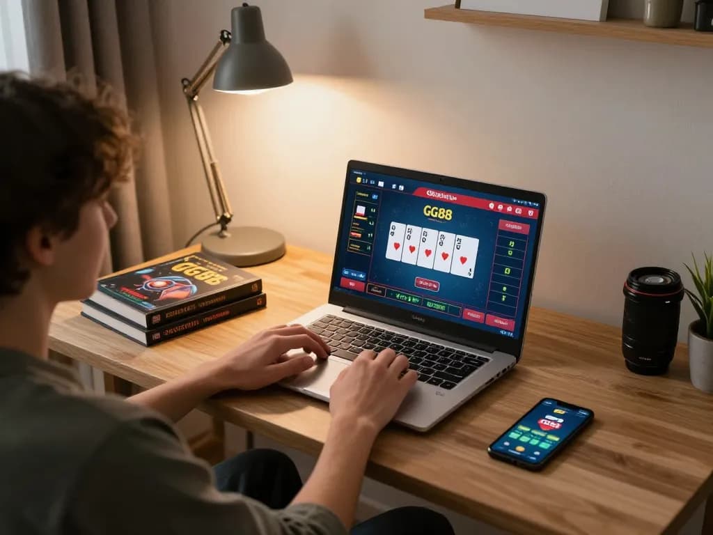 Player engaging in GG88 online casino games on a laptop, showcasing a vibrant gaming atmosphere.