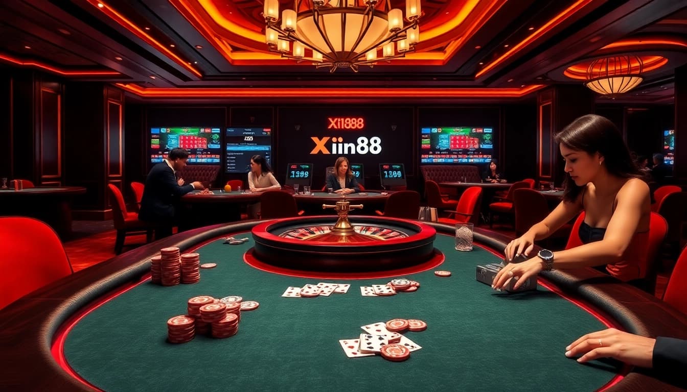 Players enjoying a thrilling poker game at Xin88's luxurious online casino.