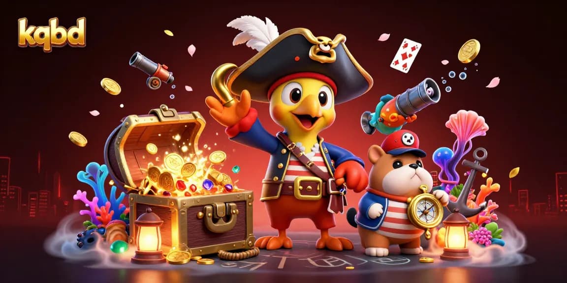 KQBD dynamic scene with pirate captain, bulldog, and cat navigating thrilling underwater treasure.