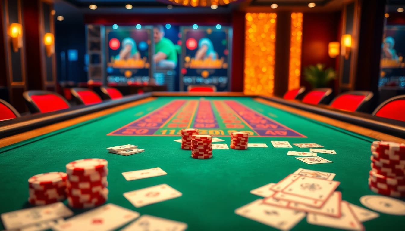 Tài xỉu md5 table showcasing vibrant chips and cards in an elegant casino atmosphere.