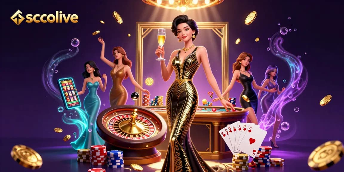 Socolive showcases an elegant scene with a glamorous Asian woman in a casino setting, surrounded by dynamic gambling elements.