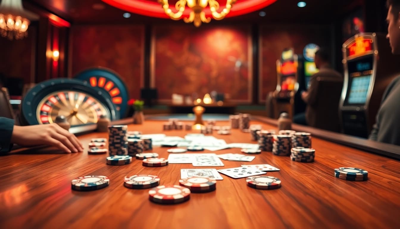 Engaging gamblers at a luxurious f168 casino table with poker chips and cards.